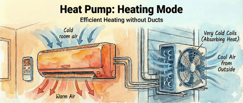 Heat pump in heating mode: the outdoor unit absorbs heat from the outside air and the indoor head releases it as warm air into the room.